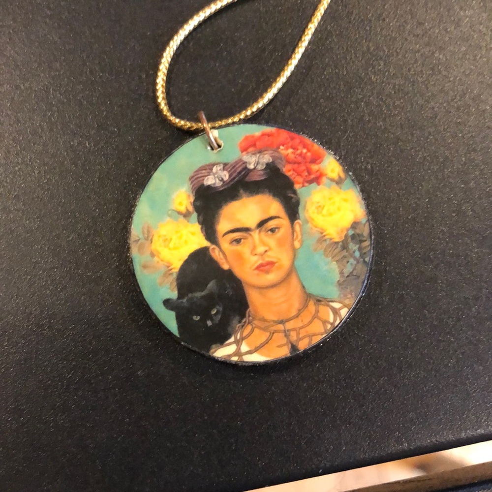 Wooden Frida Kahlo with cat pendant or ornament